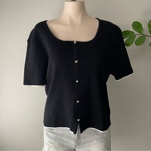 Cider Ribbed Short Sleeve Button Down Cardigan Sweater Black White Plus Size 2XL